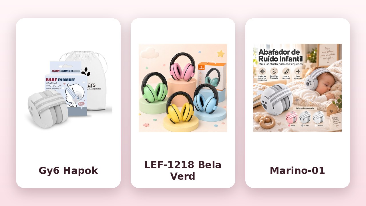 Comparativo: abafadores de ruído infantil Gy6 da Hapok, LEF-1218 da Bela Verd e Marino-01 (fotos dos anúncios da Shopee)