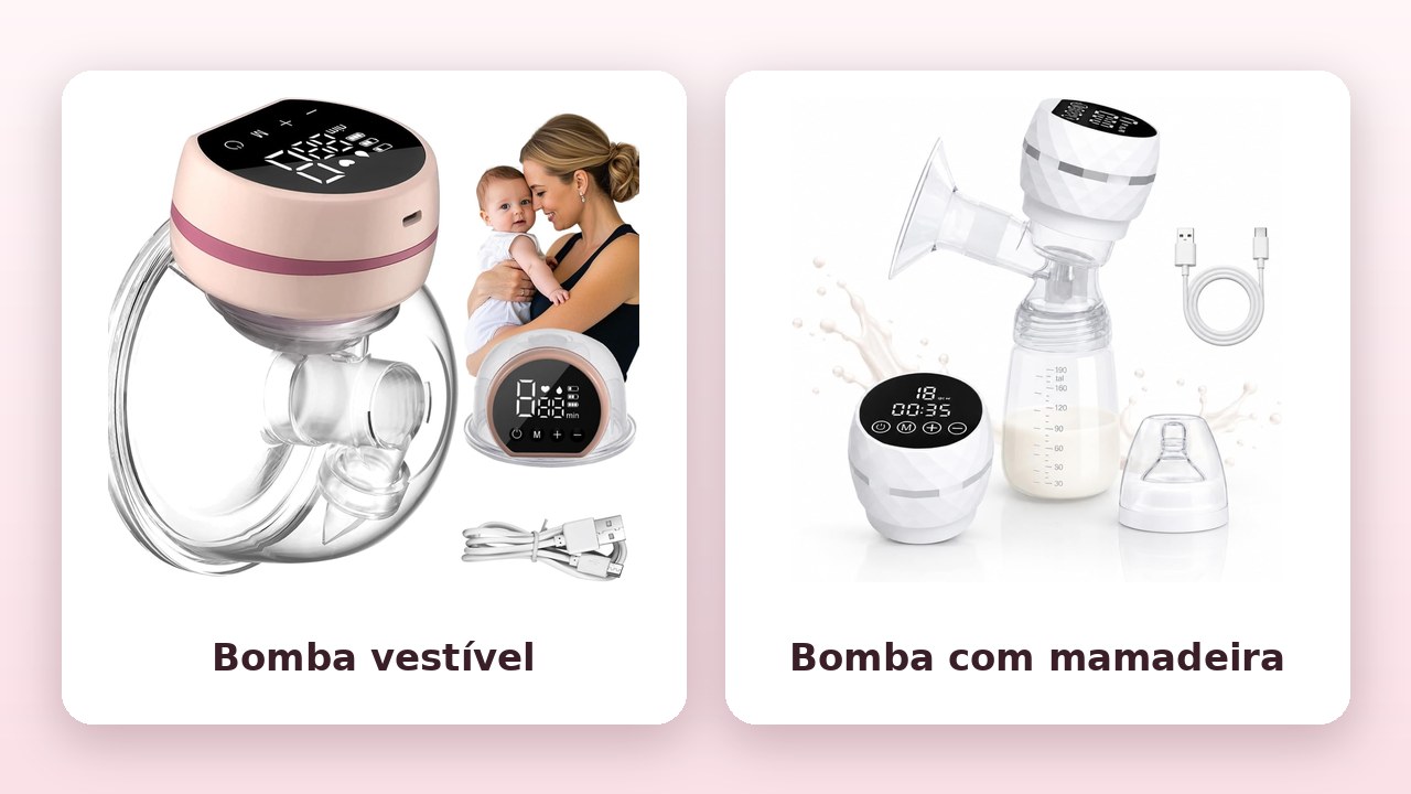 Comparativo: bomba de leite vestível e bomba com mamadeira (fotos oficiais)