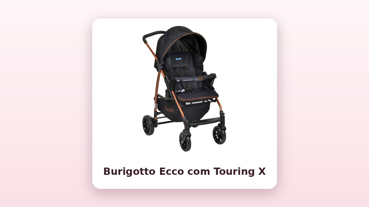 Foto oficial do travel system Burigotto Ecco com bebê conforto Touring X, preto e cobre