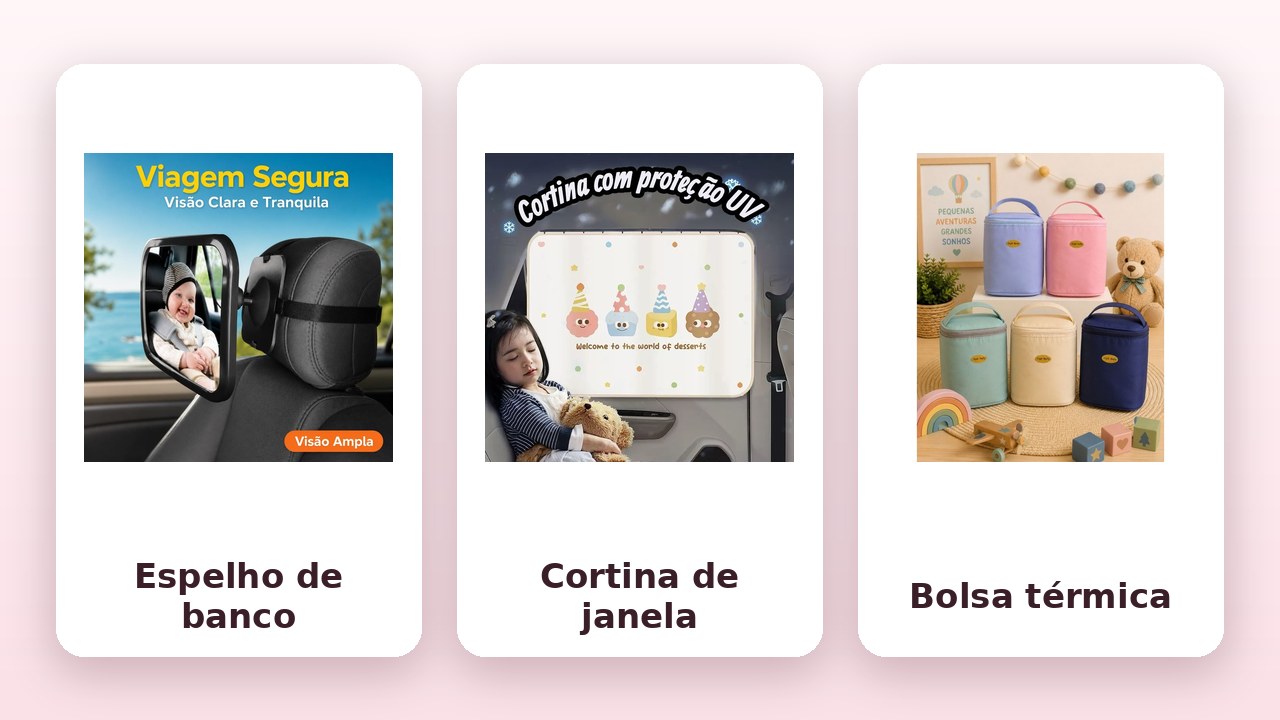 Comparativo: espelho de banco traseiro, cortina magnética de janela e bolsa térmica de mamadeira (fotos dos anúncios da Shopee)
