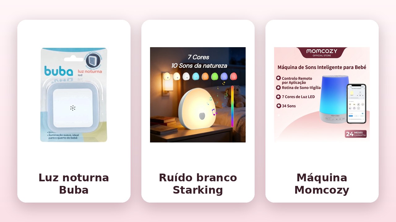 Comparativo: luz noturna Buba, máquina de ruído branco Starking e máquina de sons Momcozy (fotos dos anúncios da Shopee)