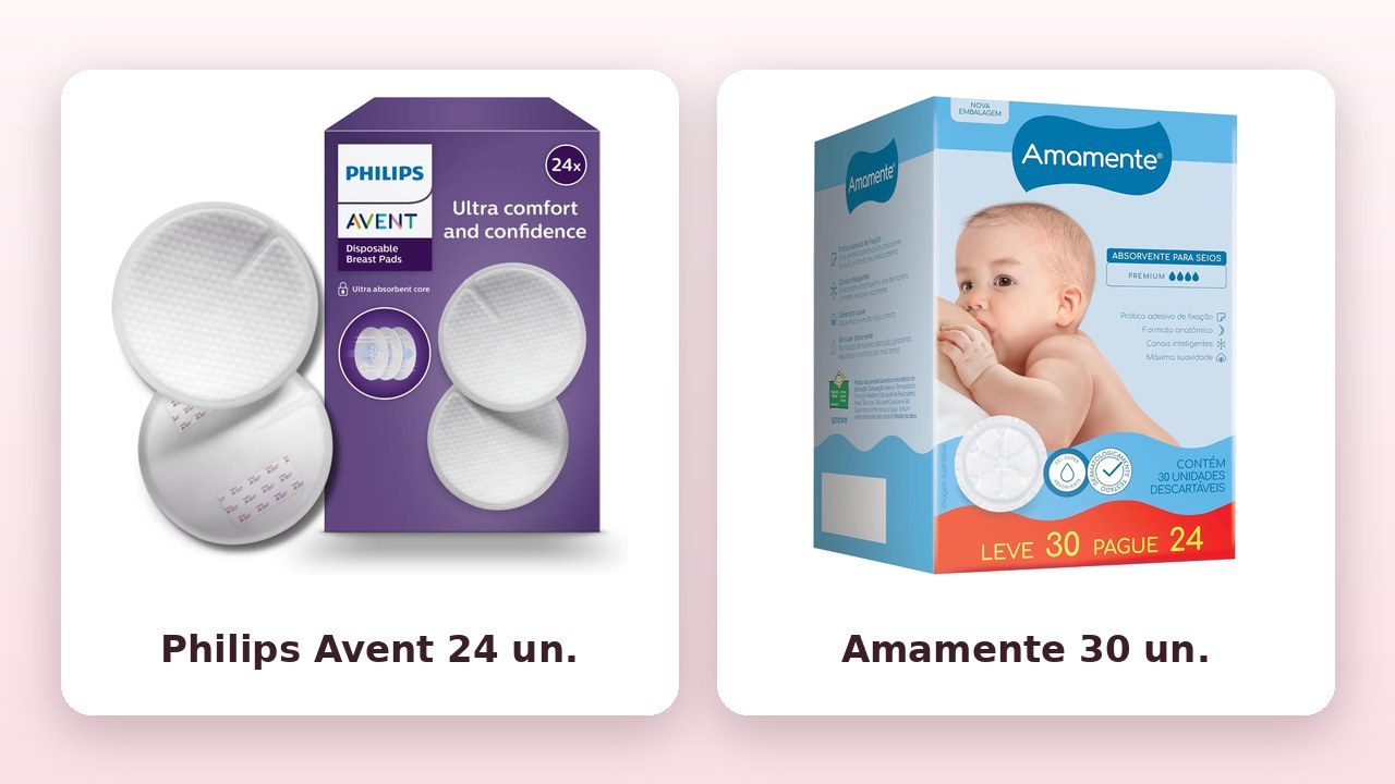 Comparativo: absorvente descartável para seios Philips Avent 24 unidades e Amamente 30 unidades (fotos oficiais)