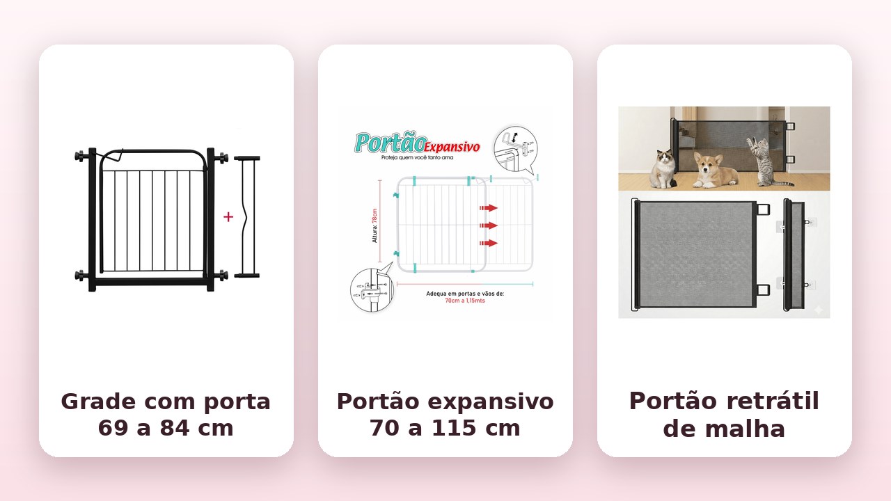 Comparativo: grade com porta de 69 a 84 cm, portão expansivo de 70 a 115 cm e portão retrátil de malha (fotos dos anúncios da Shopee)