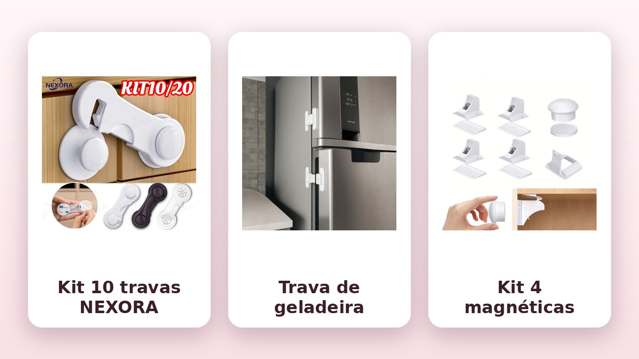 Comparativo: Kit 10 travas NEXORA, trava de geladeira Universo.3DStore e Kit 4 travas magnéticas CashBloom (fotos dos anúncios)